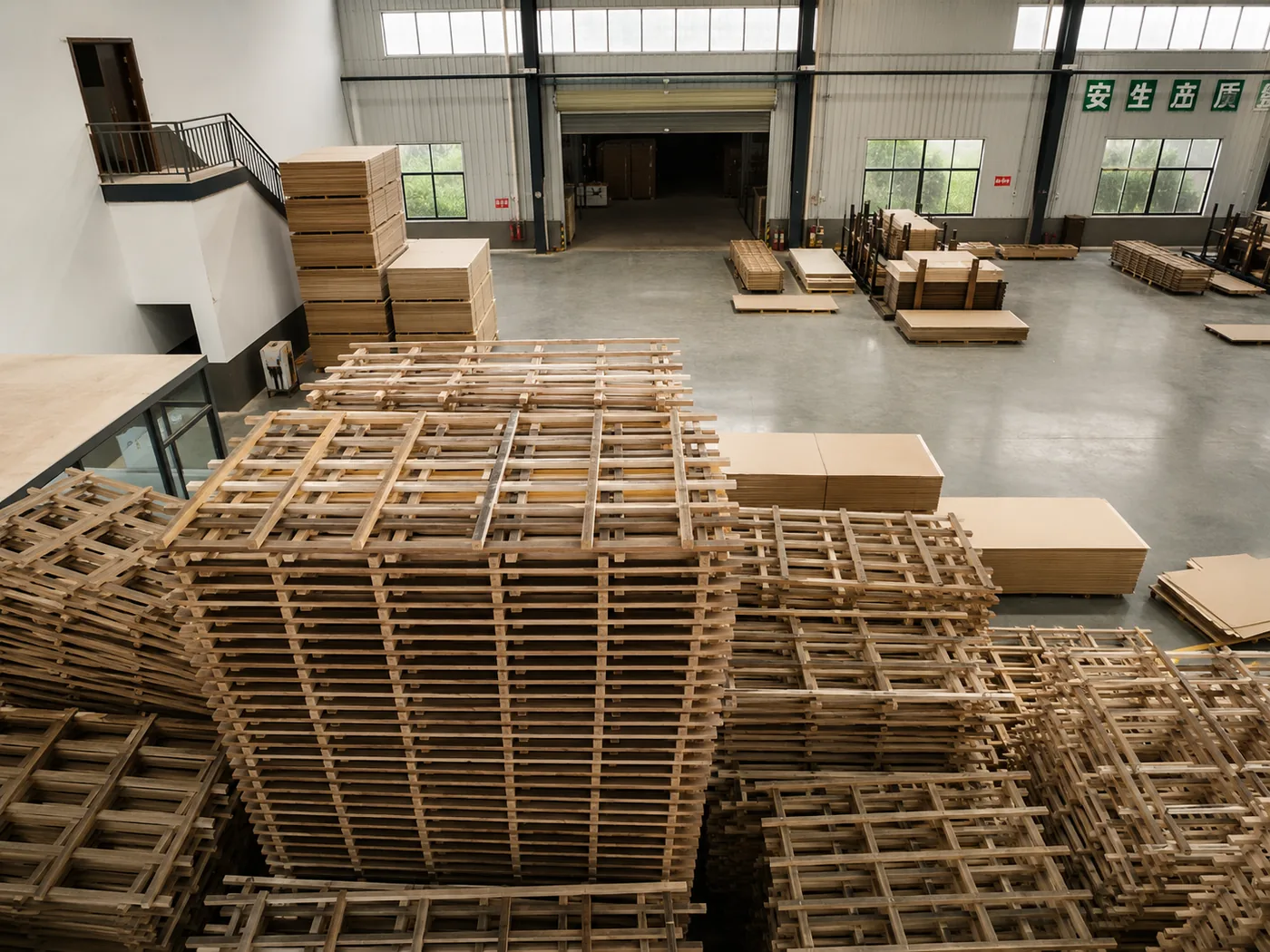 Factory warehouse with stacked panels and palletized stock