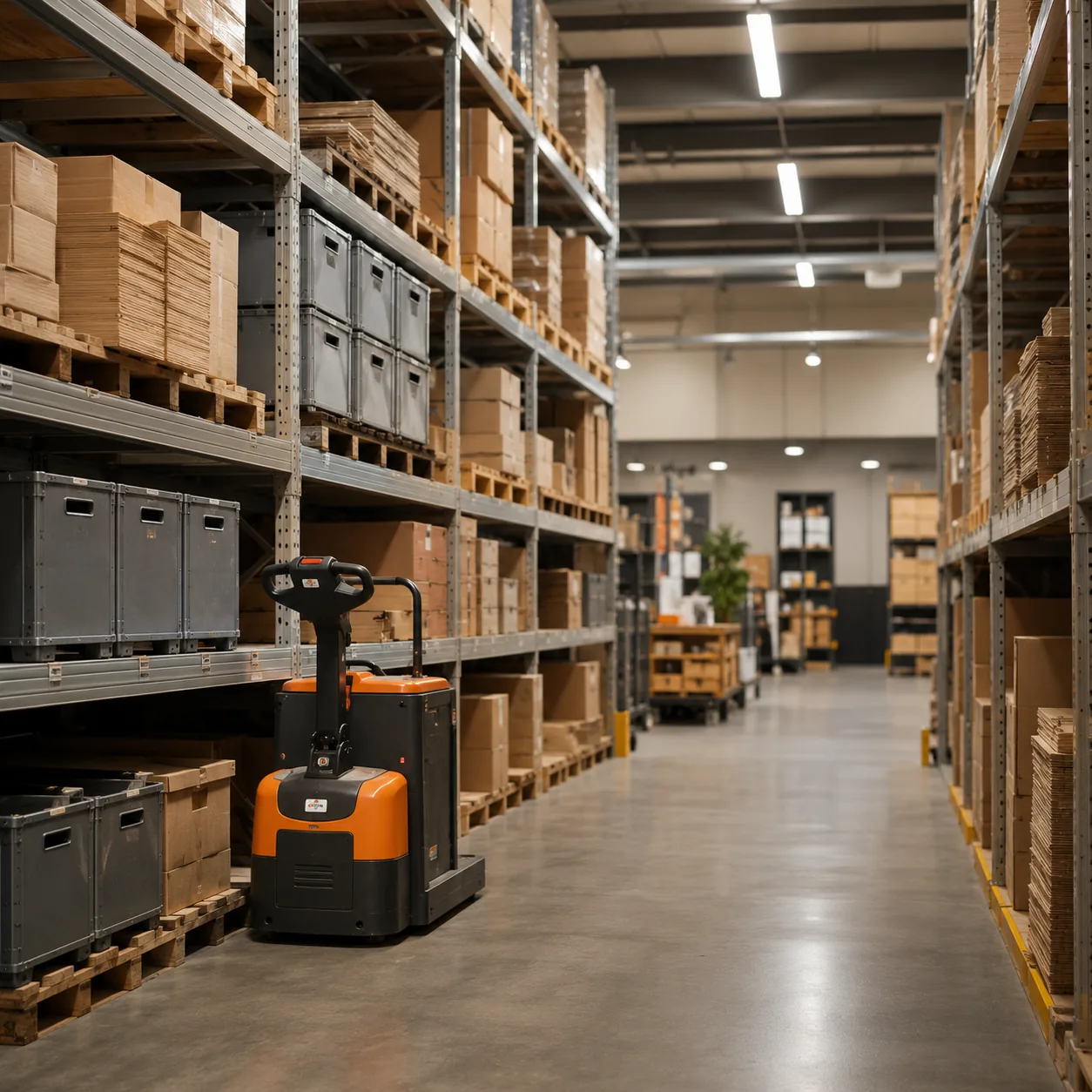 Warehouse shelving with cartons and supply bins for hardware matching