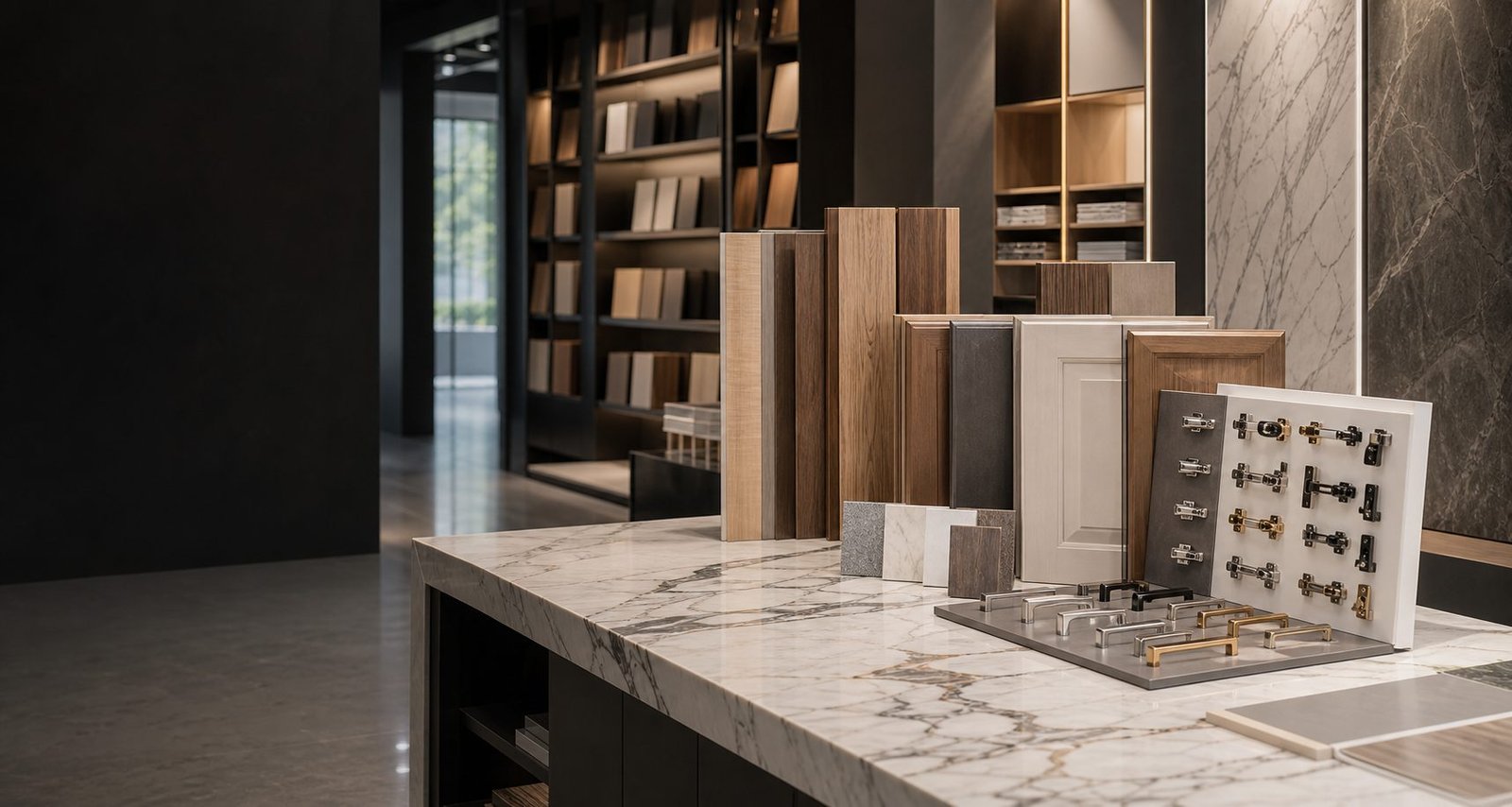 Wood panels and surface materials displayed in a modern showroom