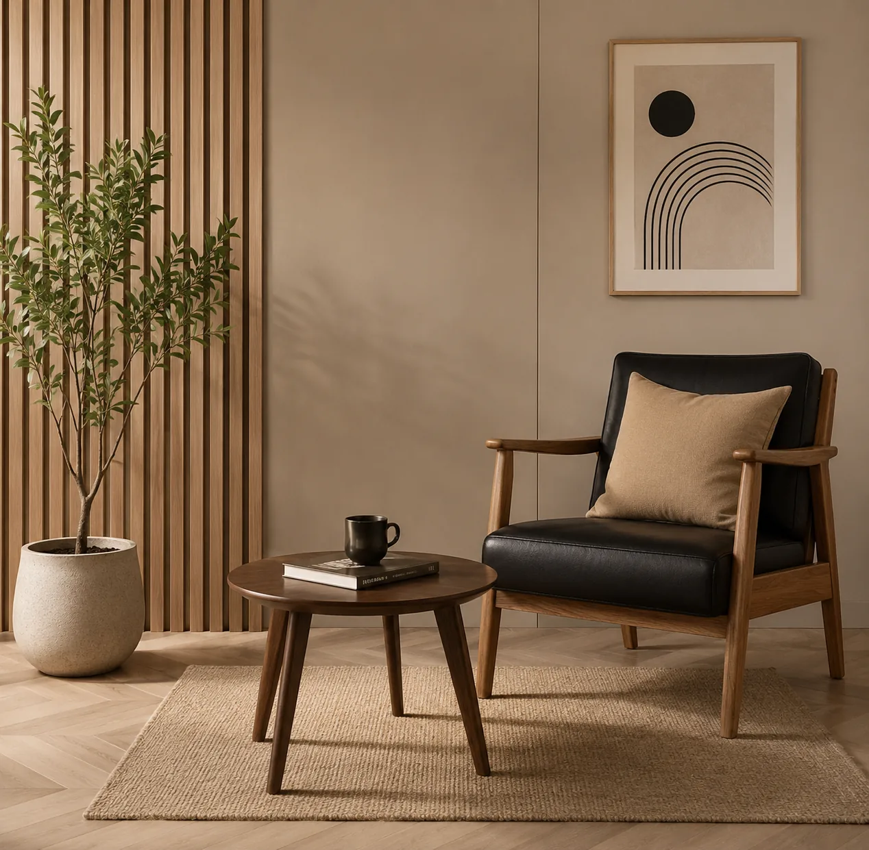 ألواح الجدران الخشبية والأثاث في تصميم داخلي سكني مكتمل