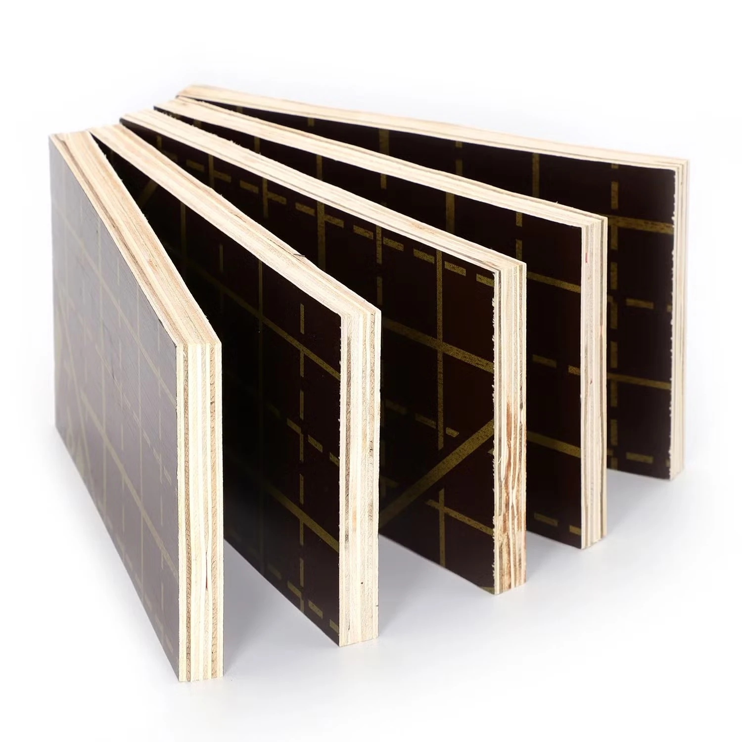 Film-faced plywood panels arranged to show their faces and layered edges