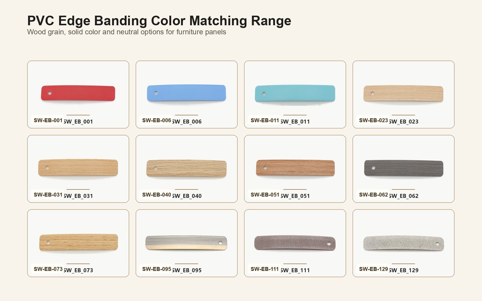 Gamme de couleurs de bandes de chant PVC pour panneaux de meubles
