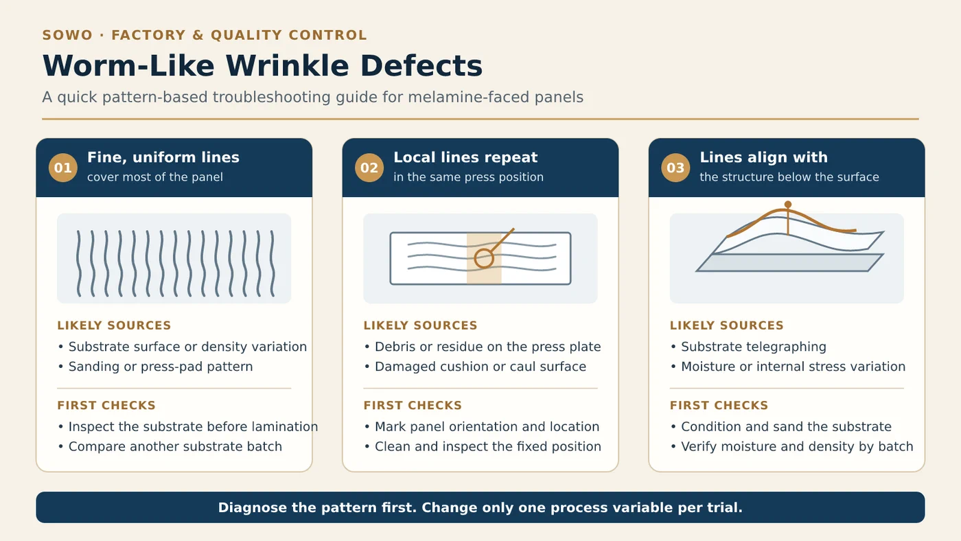 English troubleshooting infographic for three common worm-like wrinkle patterns on melamine-faced panels