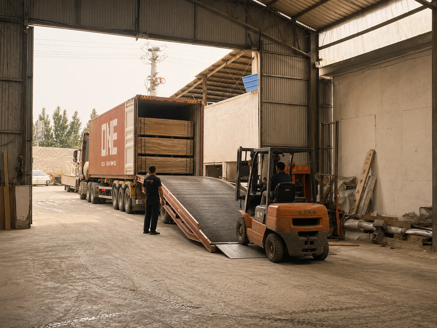 Container loading with packed wood panels and forklift support